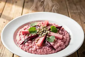 Risotto with radicchio, rhubarb, and roasted sunflower seeds