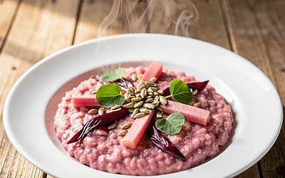 Risotto al radicchio z rabarbarem i prażonym słonecznikiem