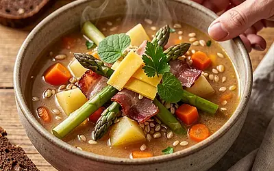 Minestrone in Polish with young asparagus and smoked bacon