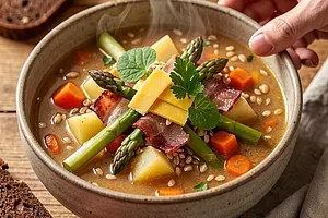 Minestrone in Polish with young asparagus and smoked bacon