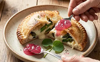 Calzone z oscypkiem, szparagami i konfiturą z rabarbaru