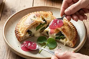 Calzone with Oscypek Cheese, Asparagus, and Rhubarb Jam