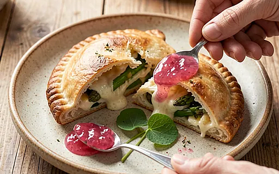 Calzone z oscypkiem, szparagami i konfiturą z rabarbaru