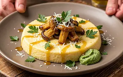 Polenta cream with forest porcini mushrooms, sorrel horseradish, and smoked butter