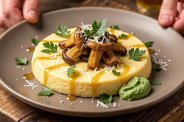 Krem polenty z leśnymi borowikami, szczawiowym chrzanem i wędzonym masłem