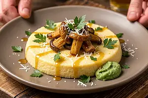 Polenta cream with forest porcini mushrooms, sorrel horseradish, and smoked butter