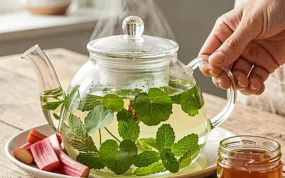 Herbal tea with sorrel, lemon balm, and mint.