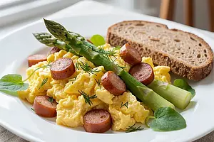Scrambled eggs with Silesian sausage and green asparagus