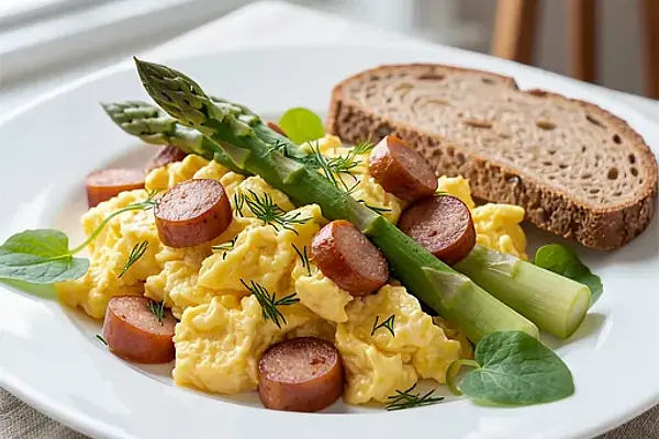 Jajecznica z kiełbasą śląską i zielonymi szparagami