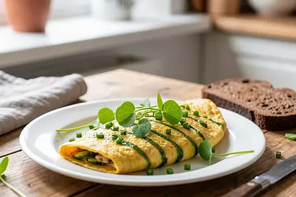 Omlet z młodym szczawiem i szczypiorkiem.