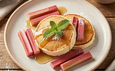 Cottage Cheese Pancakes with Rhubarb and Honey