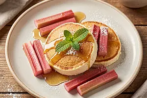 Cottage Cheese Pancakes with Rhubarb and Honey