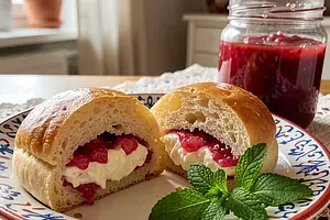Butter bun with cottage cheese and rhubarb jam