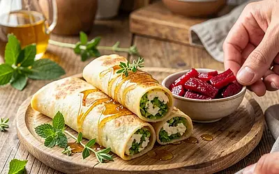 Thin pancakes with sorrel and honey filling
