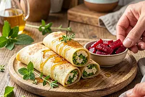 Thin pancakes with sorrel and honey filling