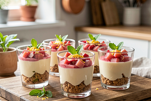 Cold cheesecake in a cup with rhubarb