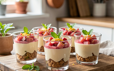 Cold cheesecake in a cup with rhubarb