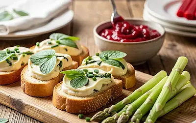 Crostini with cottage cheese spread and sorrel leaves