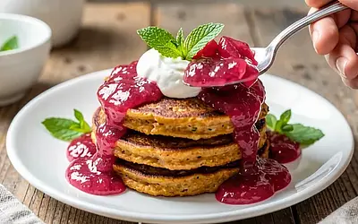 Sweet Potato Pancakes with Rhubarb and Yogurt