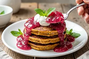 Sweet Potato Pancakes with Rhubarb and Yogurt