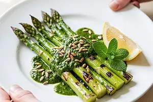 Grilled green asparagus with sorrel sauce and toasted sunflower seeds