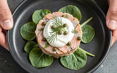Trout tartare with sorrel leaves and horseradish yogurt.