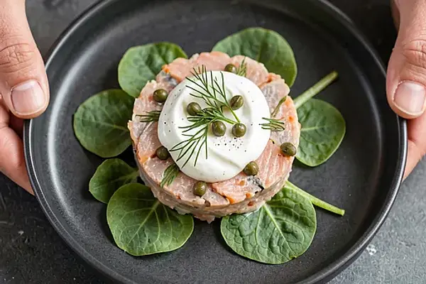 Tatar z pstrąga z listkami szczawiu i jogurtem chrzanowym.