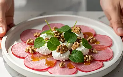 Rhubarb Carpaccio with Mint and Cottage Cheese