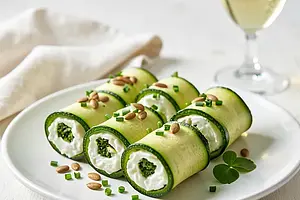 Zucchini rolls stuffed with cottage cheese and fresh sorrel