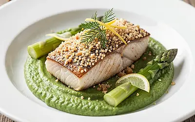 Baked trout with spelt crumbs and asparagus purée