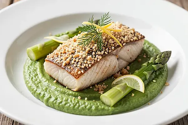 Pieczony pstrąg z okruchami z orkiszu i purée ze szparagów