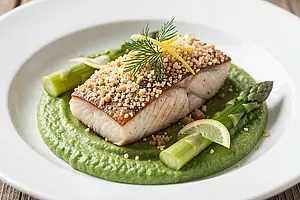 Baked trout with spelt crumbs and asparagus purée