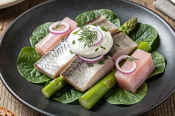 Śledź z marynowanym rabarbarem i szczawiem