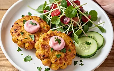 Chickpea Patties with Rhubarb Chutney and Sprout Salad