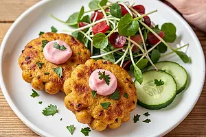 Chickpea Patties with Rhubarb Chutney and Sprout Salad