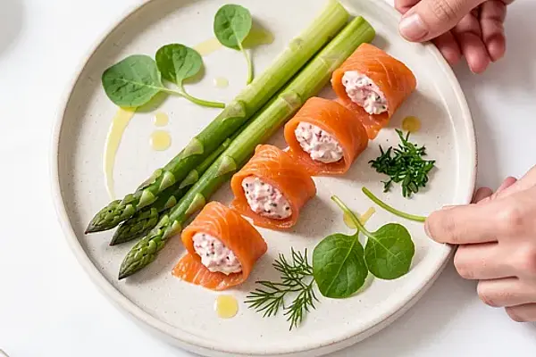 Roladki z wędzonego łososia z musem rabarbarowo-chrzanowym