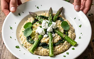 Millet risotto with asparagus and stewed sorrel