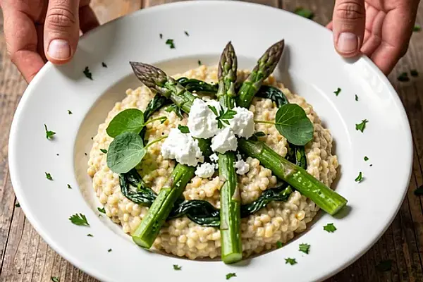 Kaszotto jaglane ze szparagami i duszonym szczawiem