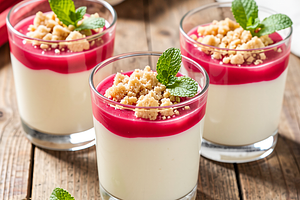 Yogurt panna cotta with rhubarb and almond crumble