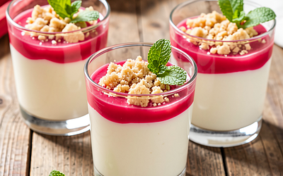 Jogurtowa panna cotta z rabarbarem i migdałową kruszonką