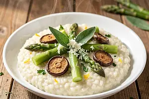 Risotto with Green Asparagus, Porcini Mushrooms, and Sage