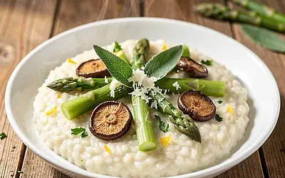 Risotto with Green Asparagus, Porcini Mushrooms, and Sage
