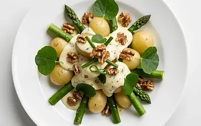 Salad with green asparagus, young potatoes, and horseradish dressing