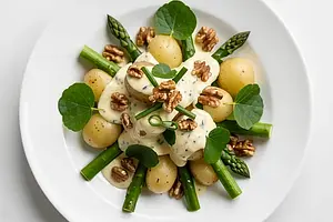 Salad with green asparagus, young potatoes, and horseradish dressing