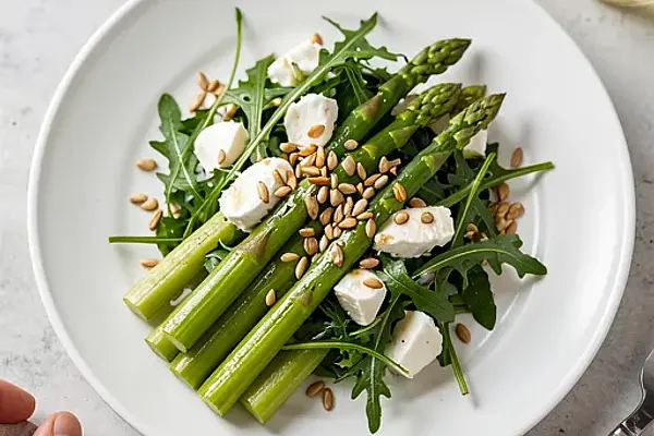 Lekka sałatka ze szparagami, rukolą i kozim twarogiem
