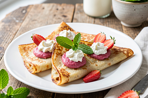 Raspberry crepes with rhubarb mousse and creamy whipped cream