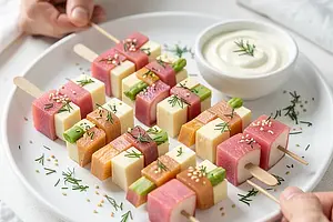 Skewers with Kashubian ham and pickled rhubarb