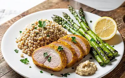 Grilled pork neck in mustard marinade with bulgur and asparagus