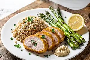Grilled pork neck in mustard marinade with bulgur and asparagus