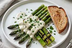 Grilled asparagus with garlic sauce